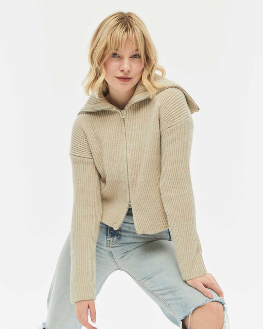 Women's Beige Ribbed Jacket with Zipper from Top to Bottom | BF Moda Fashion ®