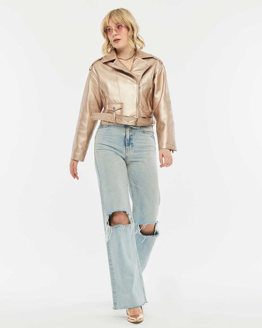 BF Moda Fashion® Luxury Dame Metallic Gold Jean-jakke - Shimmer i stil