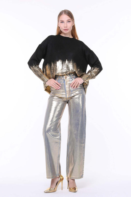 Trendy oversize trøje i sort og guld | BF Moda Fashion®