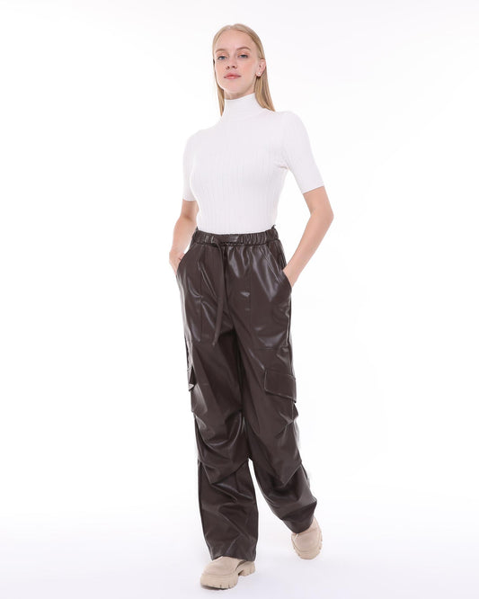 Faux Leather Cargo Pants - In Brown | BF MODA FASHION®