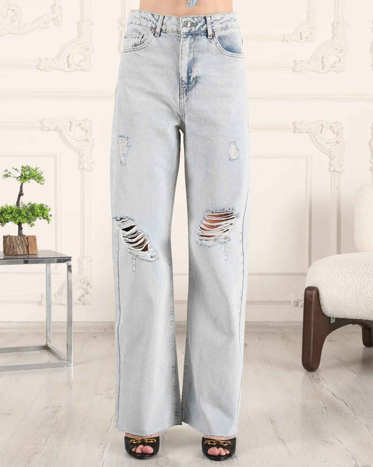 Women's Light Blue Jeans with Knee Rip Detail| BF MODA FASHION®