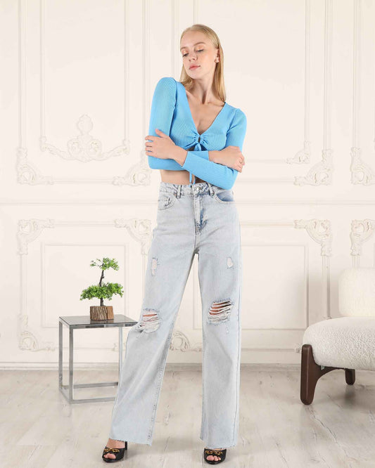 Women's Light Blue Jeans with Knee Rip Detail| BF MODA FASHION®