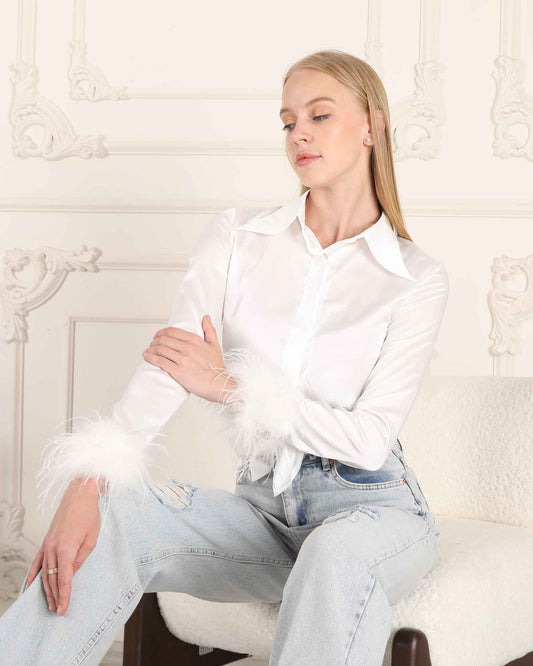 Luxury women's Satin Shirt with Elegant feather Sleeve   Stylish and Sophisticated | BF Moda Fashion®