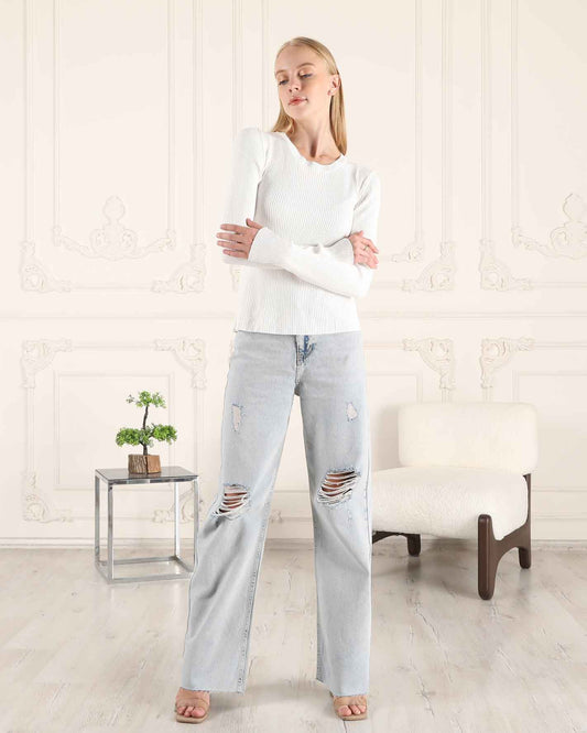 White Silk And Wool Blend Knit Sweater | BF Moda Fashion®