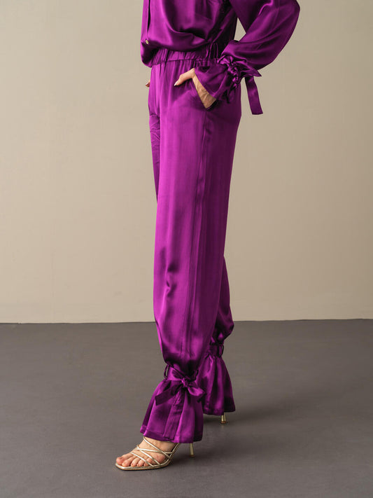 Women's Luxury Purple Satin Trousers with Ankle Ties | BF MODA FASHION®