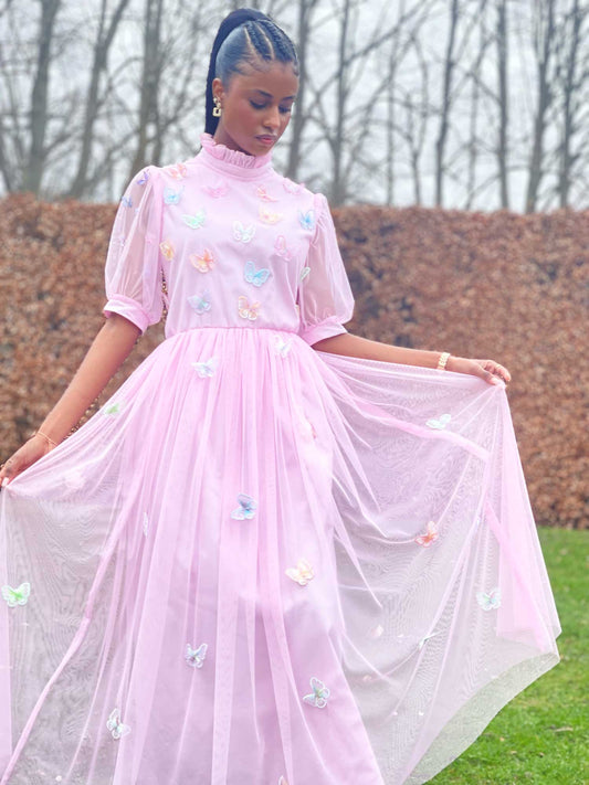 Exklusives Lagenkleid mit rosa Schmetterlingen | BF Moda Fashion®