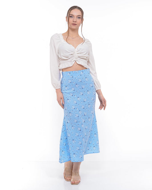Eksklusiv midi-nederdel med blåt blomstertryk
