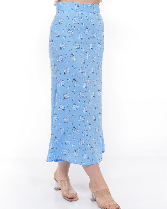 Eksklusiv midi-nederdel med blåt blomstertryk